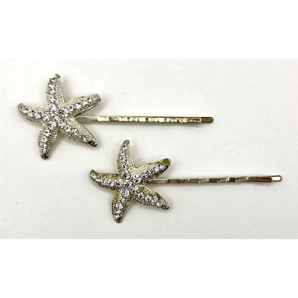 Starfish Rhinestone Hair Pins Silver and Gold Tone Pair of 2
